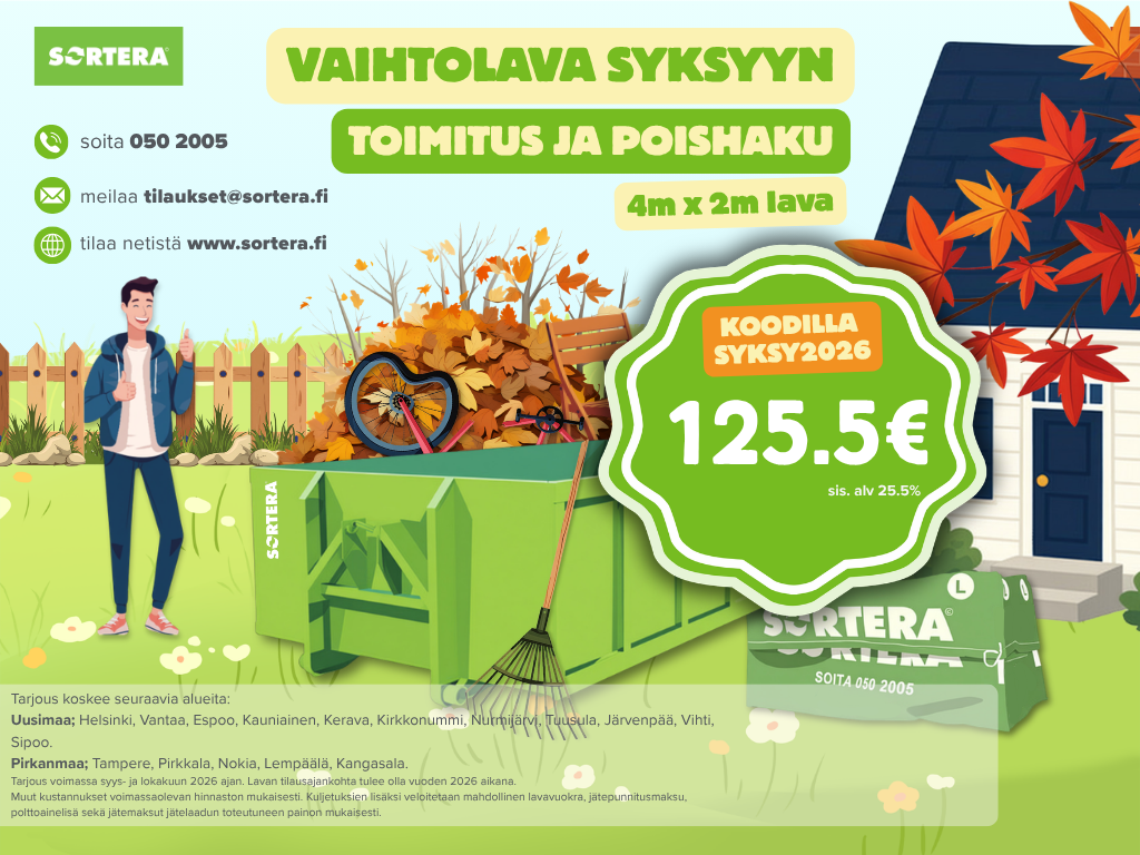 Sortera Oy Syksyn vaihtolavakampanja: 4 × 2 metrin vaihtolava 125,50 €:n kuljetuksella